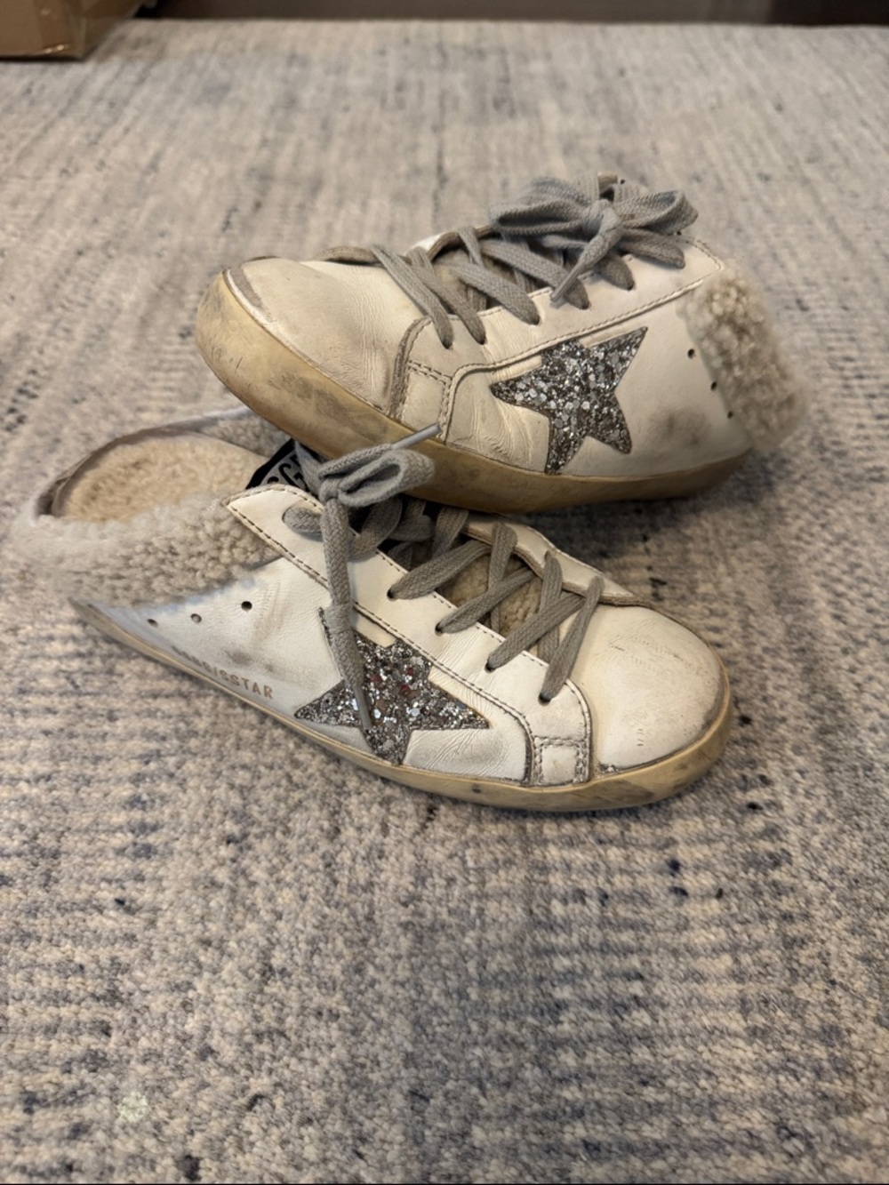 Golden Goose White&Silver Star Low-Top Sneaker Slides w/ Shearling Trim size 36